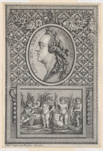 Portrait Medallion of King Louis XV set in a Decorative Frame with a Relief by Fontaine, drawing, 1772