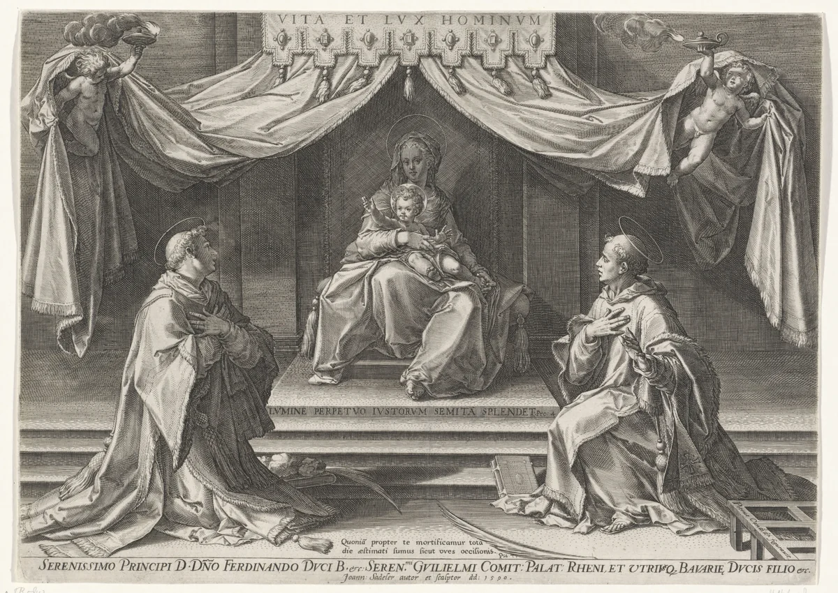 Getroonde Maria met het Christuskind en de heilige Stefanus en de heilige Laurentius by Unknown, print, 1590