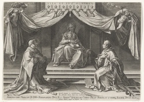 Getroonde Maria met het Christuskind en de heilige Stefanus en de heilige Laurentius by Unknown, print, 1590