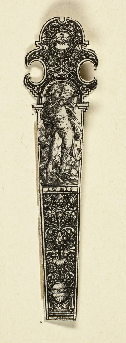 Ornamental Design for Knife Handle with Fire, from The Four Elements by Johann Theodor de Bry, print, 1585-1595