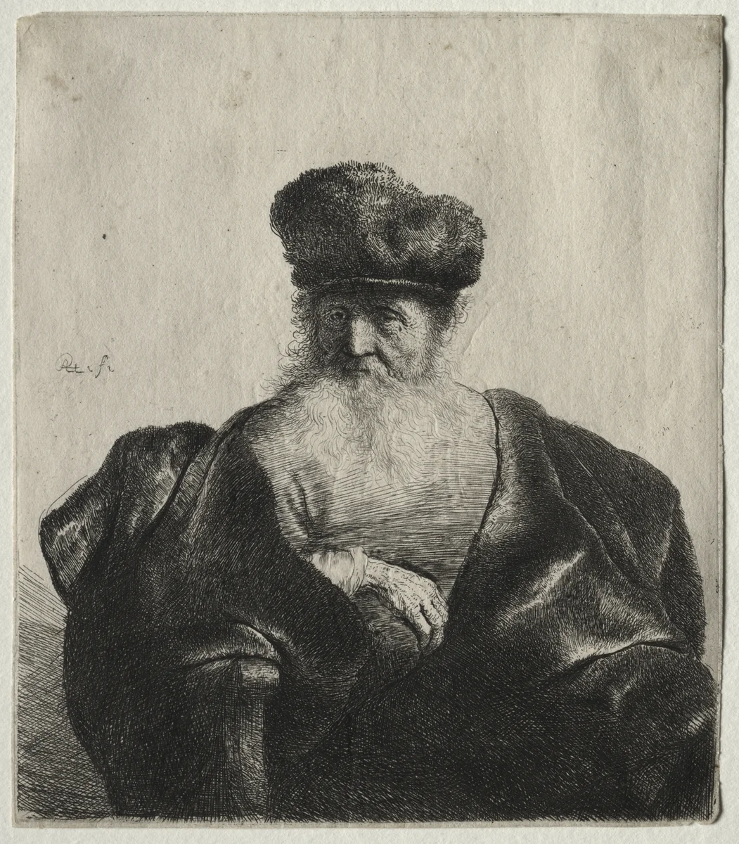 Old Man with Beard, Fur Cap, and Velvet Cloak by Rembrandt van Rijn, print, 1627-1637