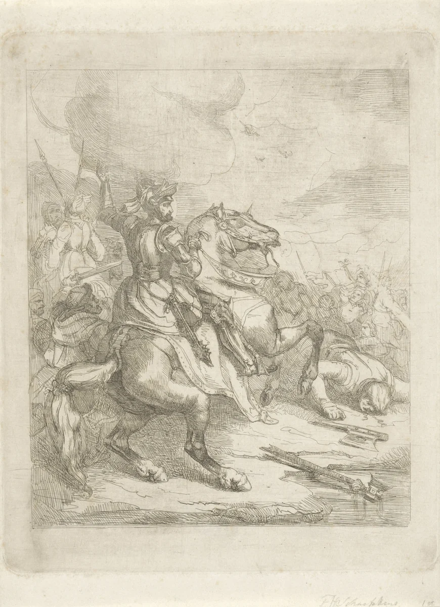Keizer Hendrik II de Heilige te paard in een veldslag by Theodoor Schaepkens, print, 1835