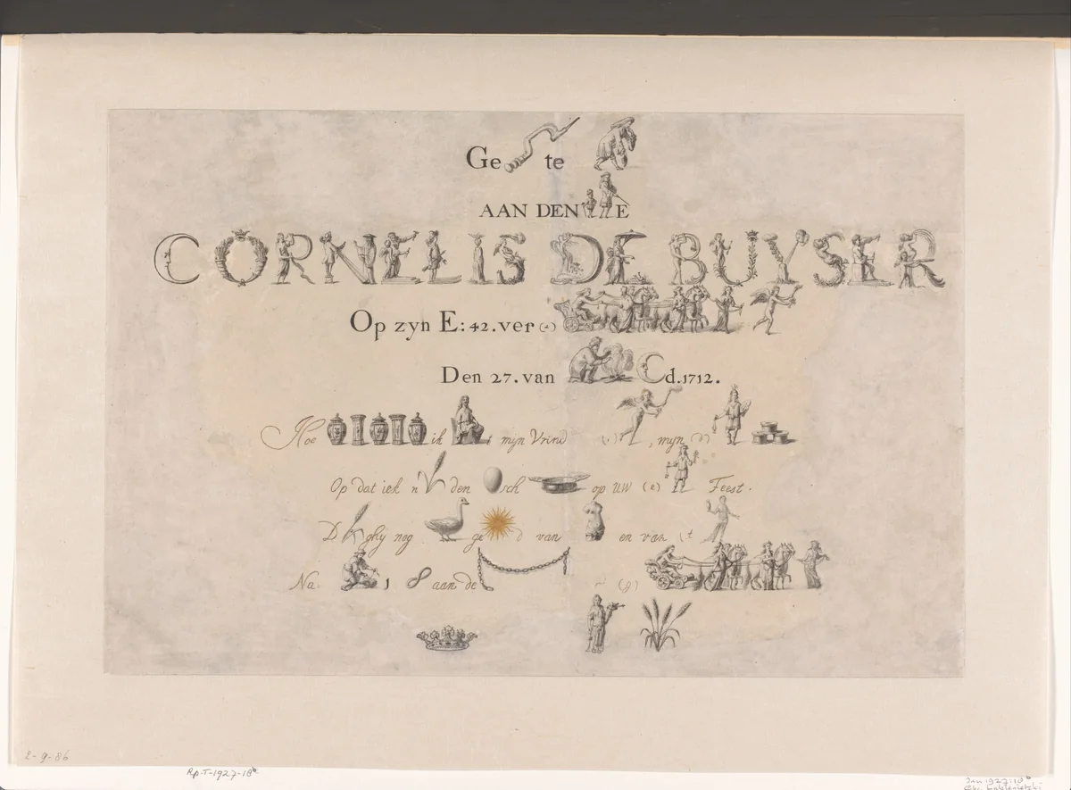 Rebus opgedragen aan Cornelis de Buyser by Christoffel Lubienitzki, drawing, 1712