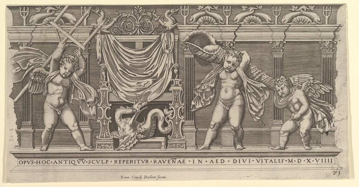 Bas-Relief with Three Cupids, from "Speculum Romanae Magnificentiae" by Marco Dente, print, 1519