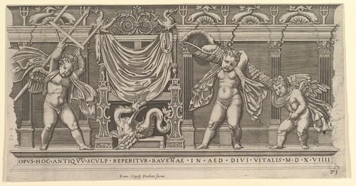 Bas-Relief with Three Cupids, from "Speculum Romanae Magnificentiae" by Marco Dente, print, 1519