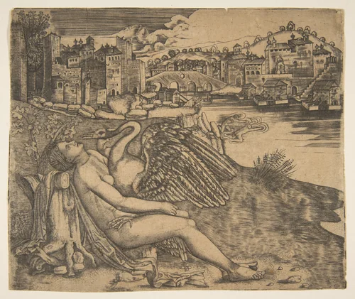 Naked woman (Leda) and swan (Zeus) embrace on a river bank; two figures jump into the water at middle ground; a town and bridge in the background. by anonymous, print, 1500-1550