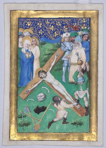Leaf from a Book of Hours: Christ Being Nailed to the Cross by Master of the Maximilian Schoolbooks, manuscript, 1460-1470