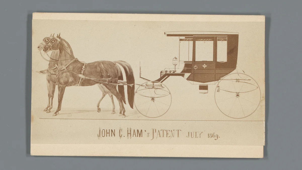 Reclame voor een patent van John C. Ham met een fotoreproductie van een prent van een koets met paarden by H. Merz, photograph, 1869
