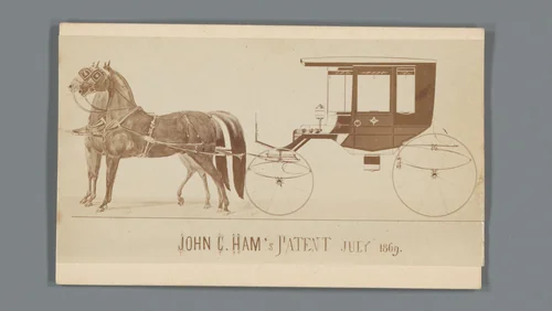 Reclame voor een patent van John C. Ham met een fotoreproductie van een prent van een koets met paarden by H. Merz, photograph, 1869