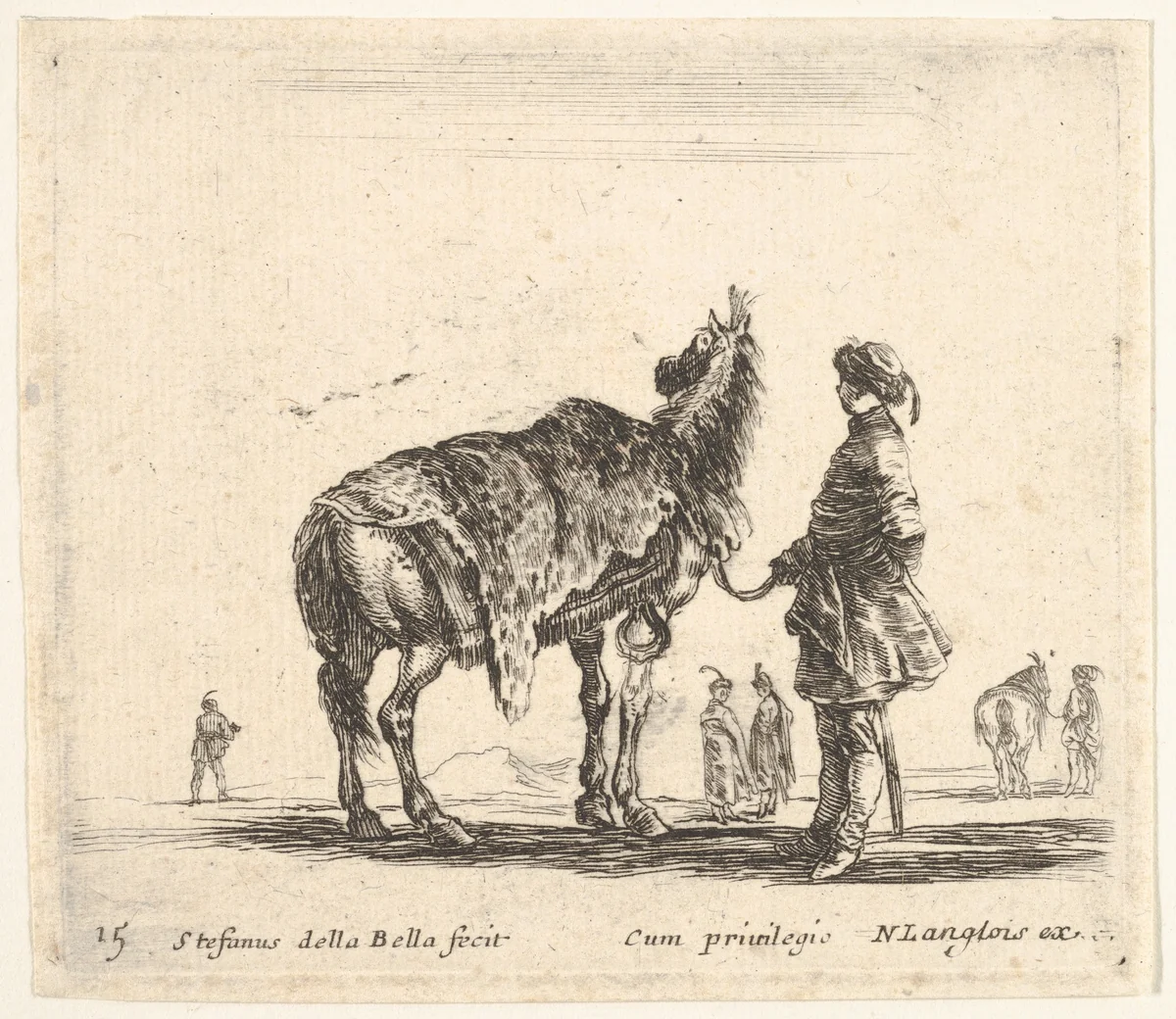 Plate 15: a Polish nobleman, facing away, holding his horse covered in leopard skin, four men and a horse in background, from "Diversi Capricci" by Stefano della Bella, print, 1644-1647
