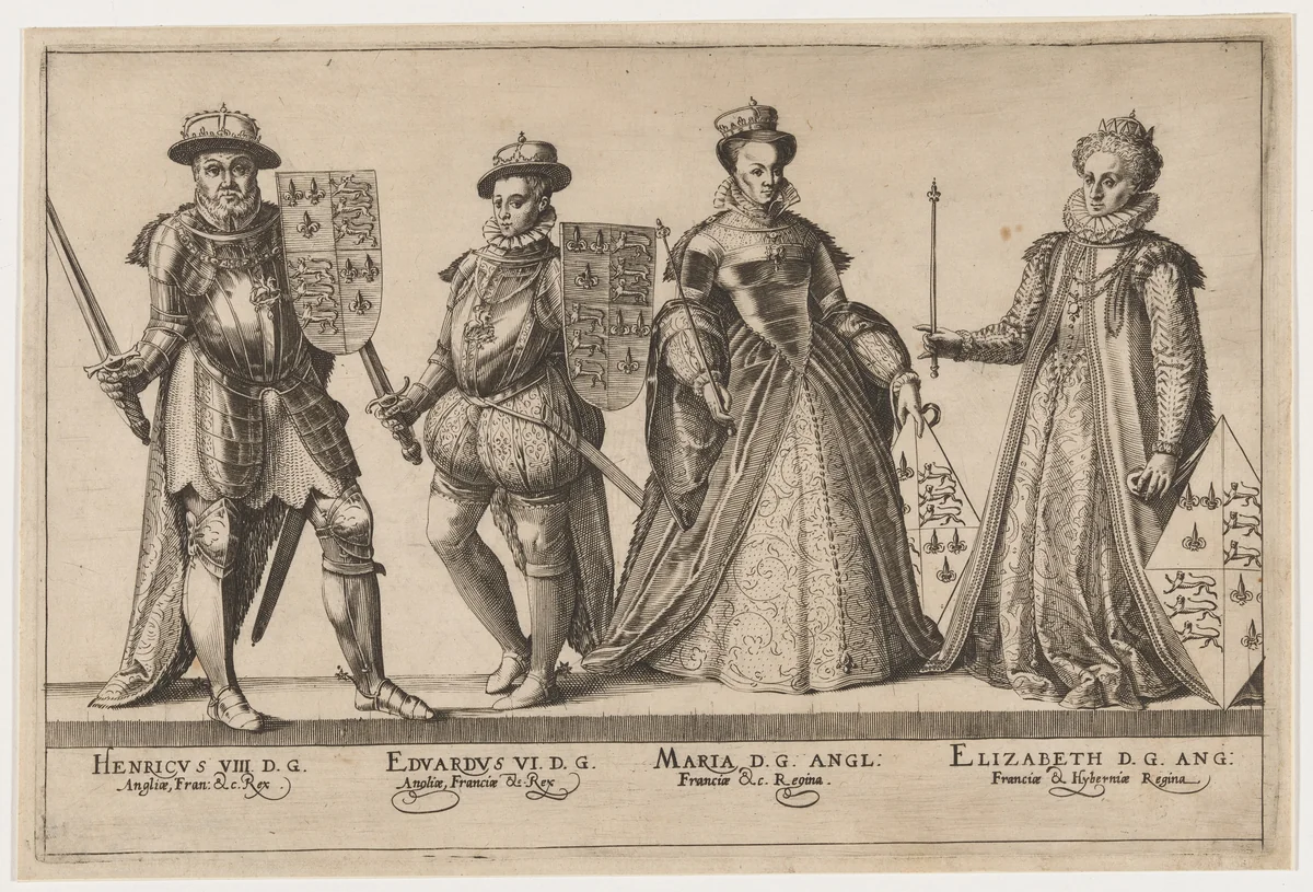 Henry VIII, Edward VI, Mary I and Elizabeth by Anonymous Artist; Hendrick Goltzius, print, 1558-1617