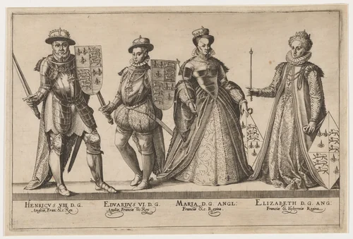 Henry VIII, Edward VI, Mary I and Elizabeth by Anonymous Artist; Hendrick Goltzius, print, 1558-1617
