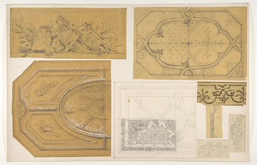 Eight designs for the painted decoration of interiors by Jules-Edmond-Charles Lachaise, drawing, 1830-1897