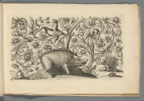 Ornament met wild zwijn, honden, stekelvarken, kikker, muis en maskers by Abraham Helmhack, print, 1664-1724