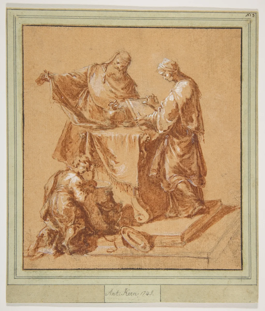 A High-Priest, the Prophetess Anna (?) and a Kneeling Boy around a Table by Anton Kern, drawing, 1745