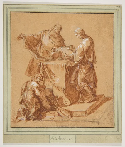 A High-Priest, the Prophetess Anna (?) and a Kneeling Boy around a Table by Anton Kern, drawing, 1745