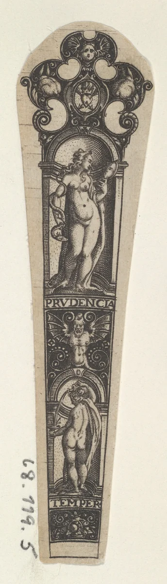 Design for a Knife Handle with Personifications of Prudence and Temperance by Johann Theodor de Bry, print, 1580-1600