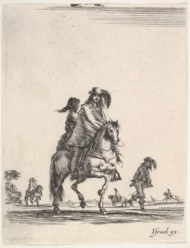 A horseman and his wife, seated side-saddle behind him, riding towards the right, other horsemen and footsoldiers in the background, from "Various cavalry exercises" (Diverses exercices de cavalerie) by Stefano della Bella, print, 1642-1645