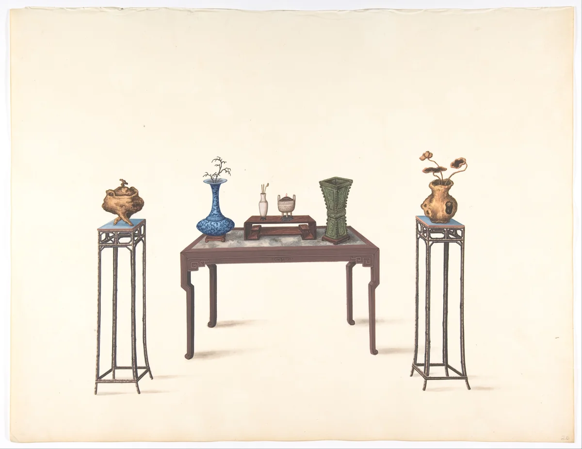 Large Table and Two Small Higher Ones with Vases by anonymous, drawing, 1800-1900