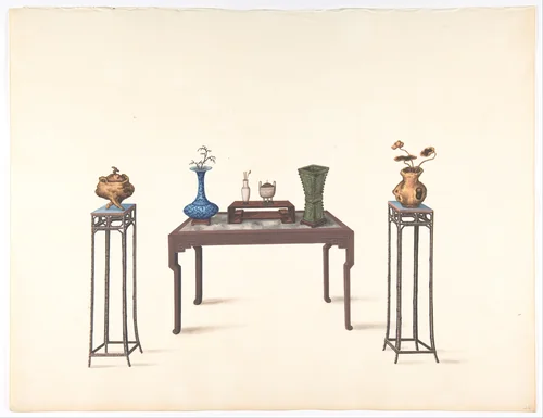 Large Table and Two Small Higher Ones with Vases by anonymous, drawing, 1800-1900