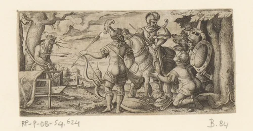 Drie zonen van de koning beschieten het lichaam van hun vader by Unknown, print, 1524-1562