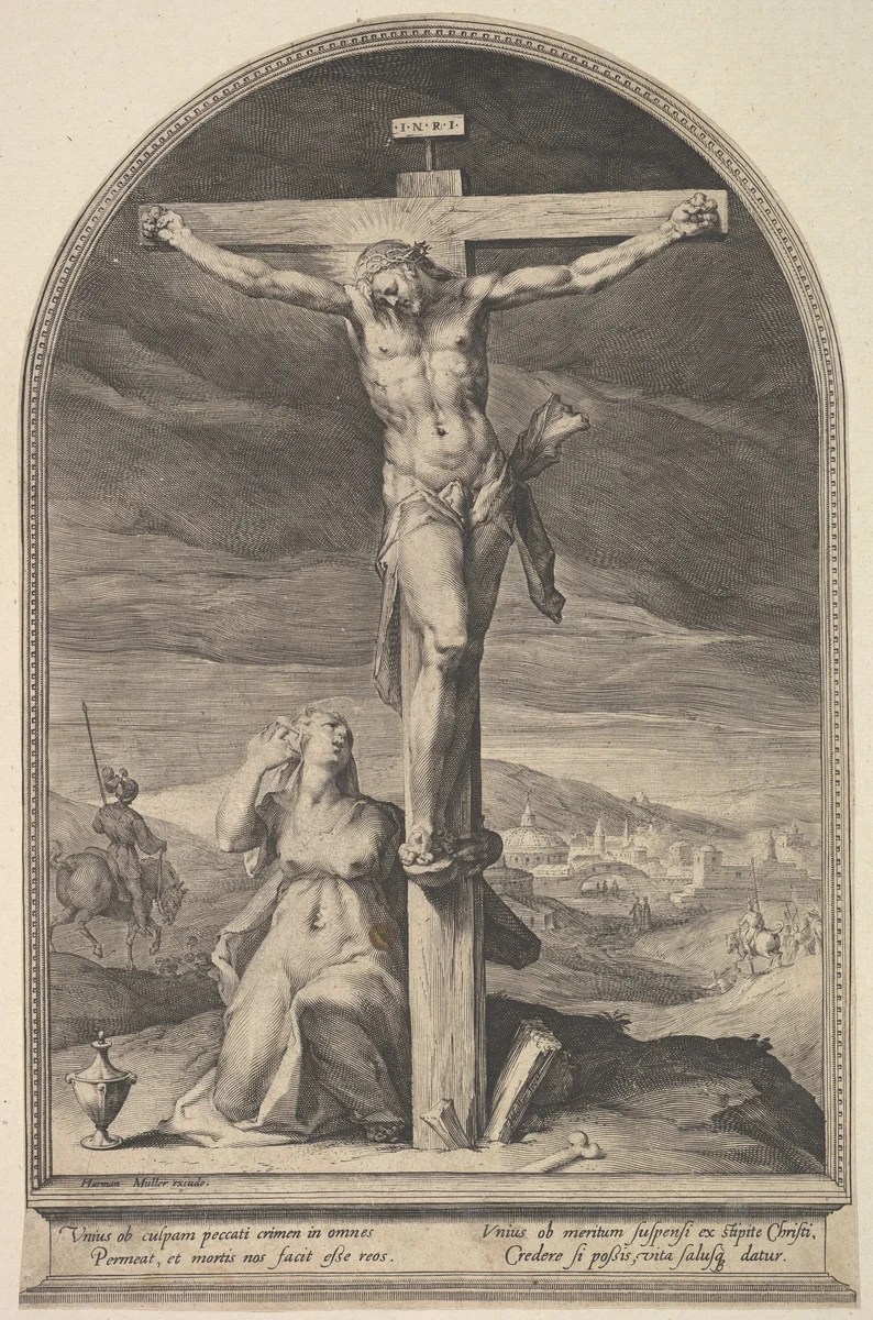 St. Mary Magdalene at the Foot of the Cross by Jan Muller, print, 1593
