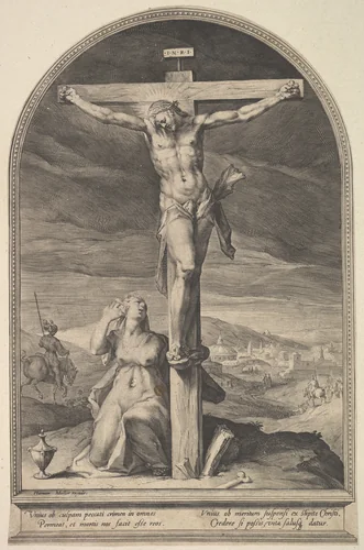 St. Mary Magdalene at the Foot of the Cross by Jan Muller, print, 1593