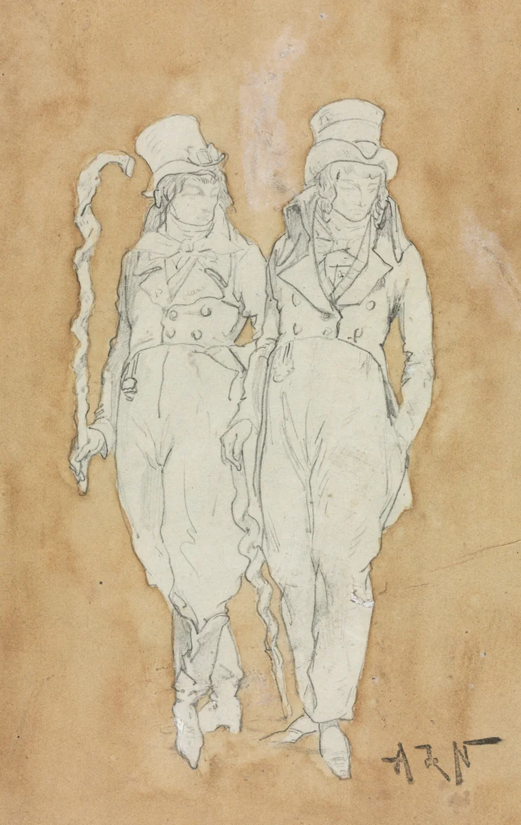 Two Young Men of Fashion (Standing) by Alphonse Marie Adolphe de Neuville, drawing, 1835-1885
