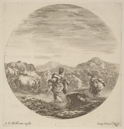 Two Women Fording a Creek with a Herd of Cows by Stefano della Bella, print, 1610-1664