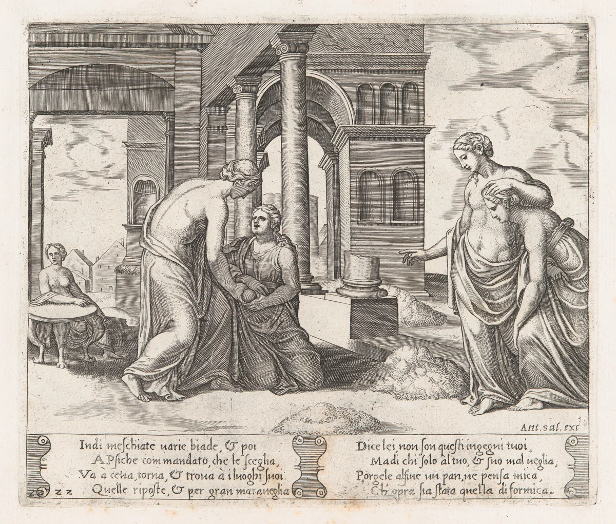 Plate 22: Venus standing at right ordering Psyche to sort a pile of grain, at left the same pair hold a loaf of bread, from "The Story of Cupid and Psyche as told by Apuleius" by Master of the Die, print, 1530-1560
