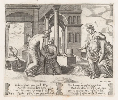 Plate 22: Venus standing at right ordering Psyche to sort a pile of grain, at left the same pair hold a loaf of bread, from "The Story of Cupid and Psyche as told by Apuleius" by Master of the Die, print, 1530-1560