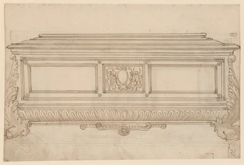 Design for a Cassone. Verso, Design for a Cabinet Door or Cassone Lid by anonymous, drawing, 1595-1605