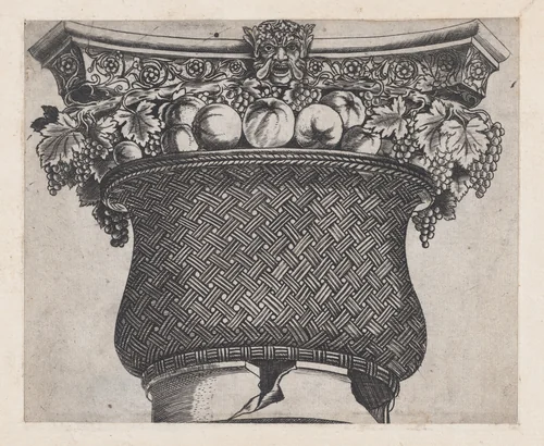 Basket capital with fruit and satyr head, from "Speculum Romanae Magnificentiae" by Monogrammist G.A. with the Caltrop, print, 1534-1540