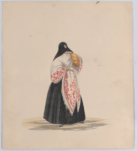 An elegantly dressed woman, from a group of drawings depicting Peruvian dress by Francisco Fierro, drawing, 1843-1853