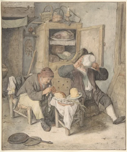 Kitchen Scene by Cornelis Dusart, drawing, 1687