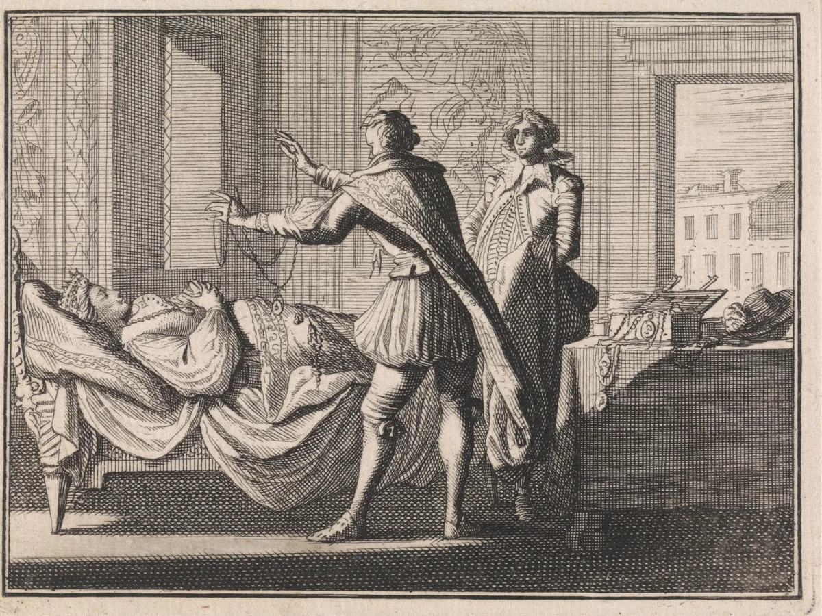 Karel de Grote, door een wonderring betoverd, versiert het lijk van een geliefde met sieraden by Caspar Luyken, print, 1710