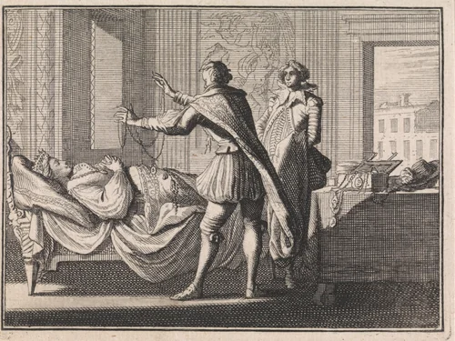 Karel de Grote, door een wonderring betoverd, versiert het lijk van een geliefde met sieraden by Caspar Luyken, print, 1710