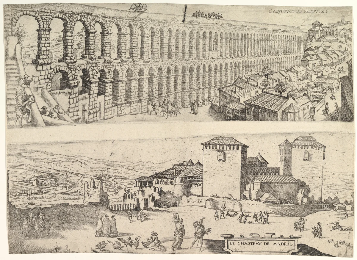 The Aqueduct at Segovia and The Castle of Madrid by Jan Cornelisz Vermeyen, print, 1500-1599