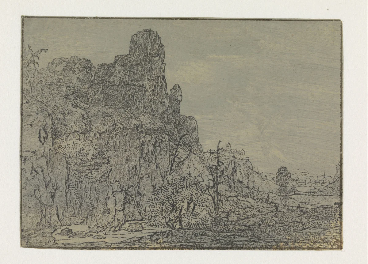 Landscape with a Steep Cliff, Small Version by Hercules Segers, print, 1622-1625