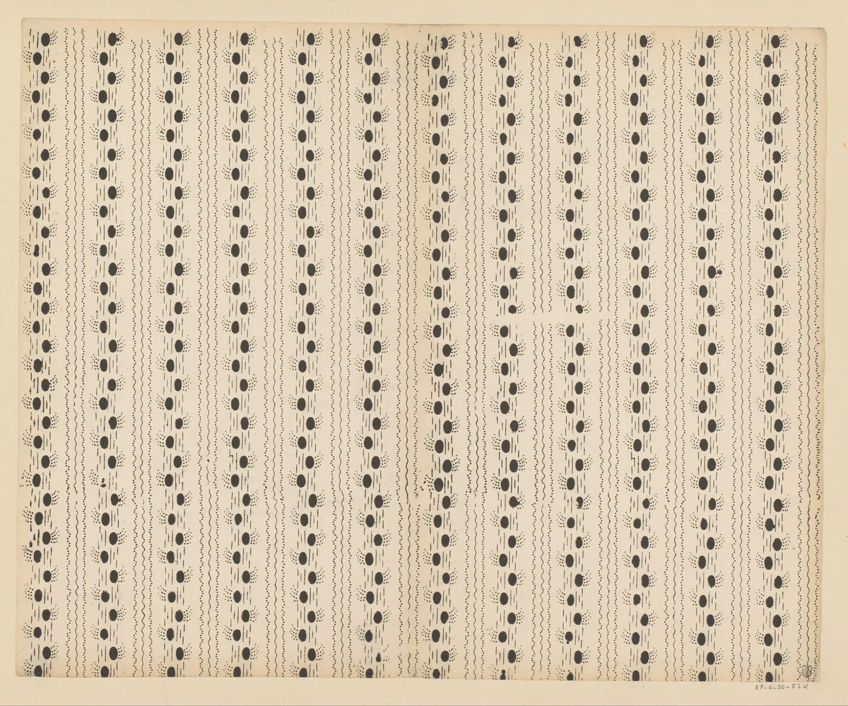 Blad met banenpatroon van ovaal motief met streepjes en slingerende stippellijnen by anonymous, print, 1800-1900