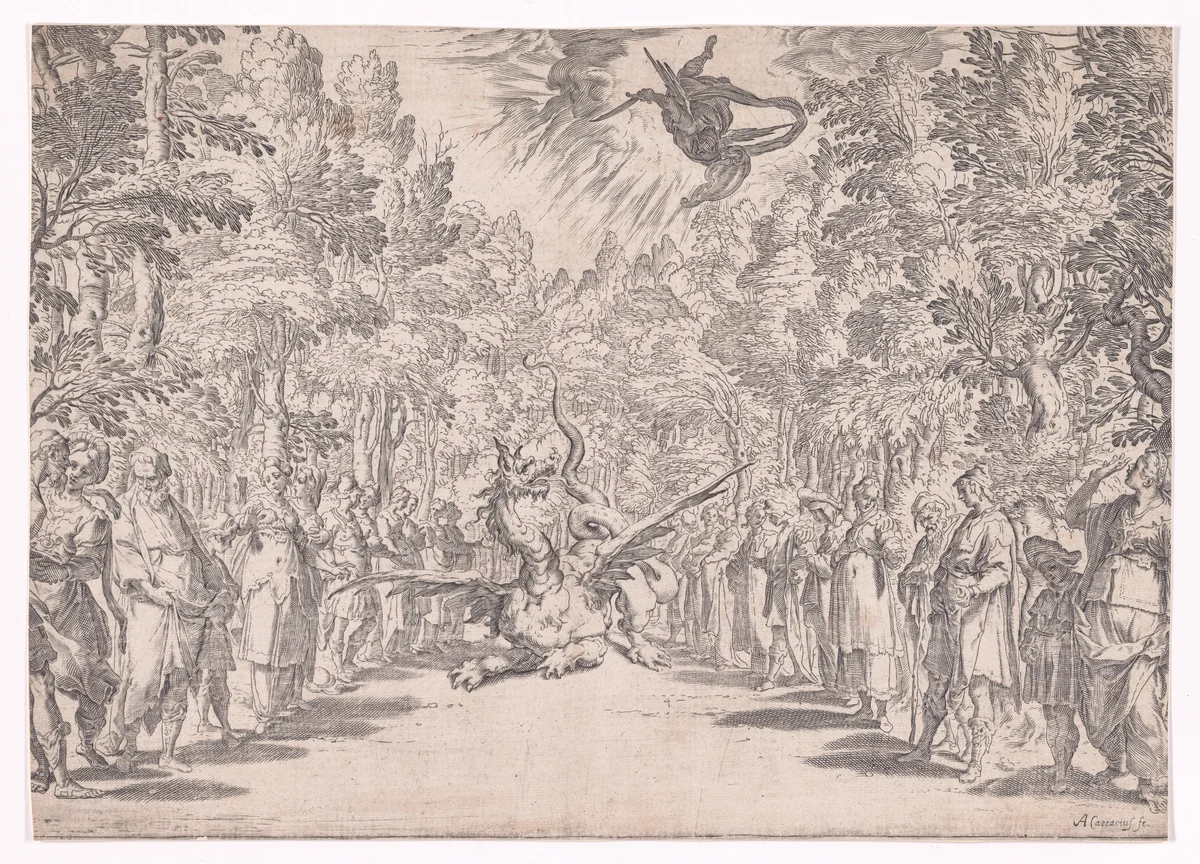 Stage set for the marriage of Ferdinand de' Medici and Christine of Lorraine in Florence in 1589; Apollo and the Python by Agostino Carracci, print, 1589-1592