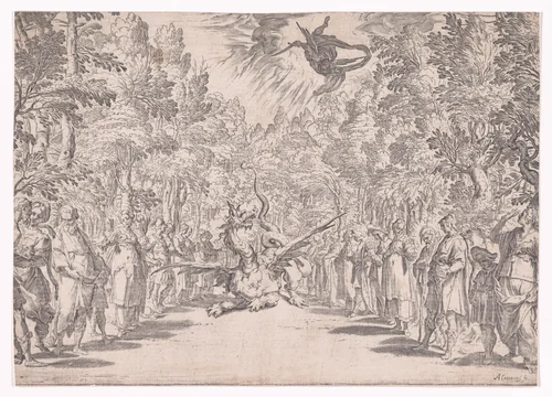 Stage set for the marriage of Ferdinand de' Medici and Christine of Lorraine in Florence in 1589; Apollo and the Python by Agostino Carracci, print, 1589-1592