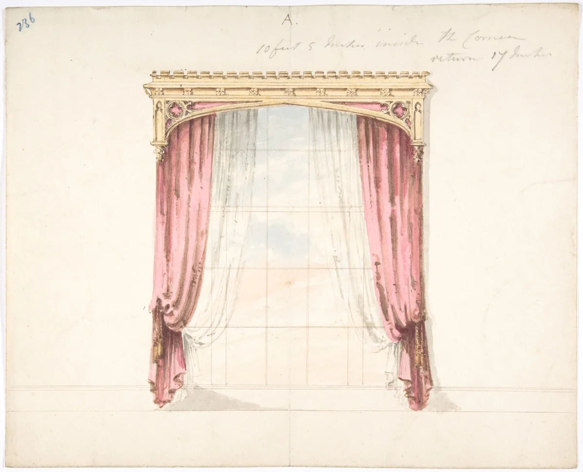 Design for Red Curtains with a Gothic Style Gold Pediment by anonymous, drawing, 1800-1850