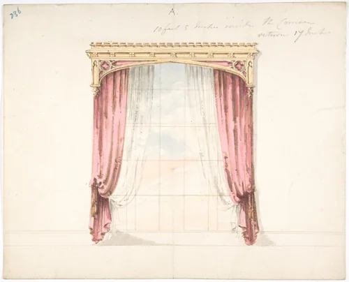Design for Red Curtains with a Gothic Style Gold Pediment by anonymous, drawing, 1800-1850