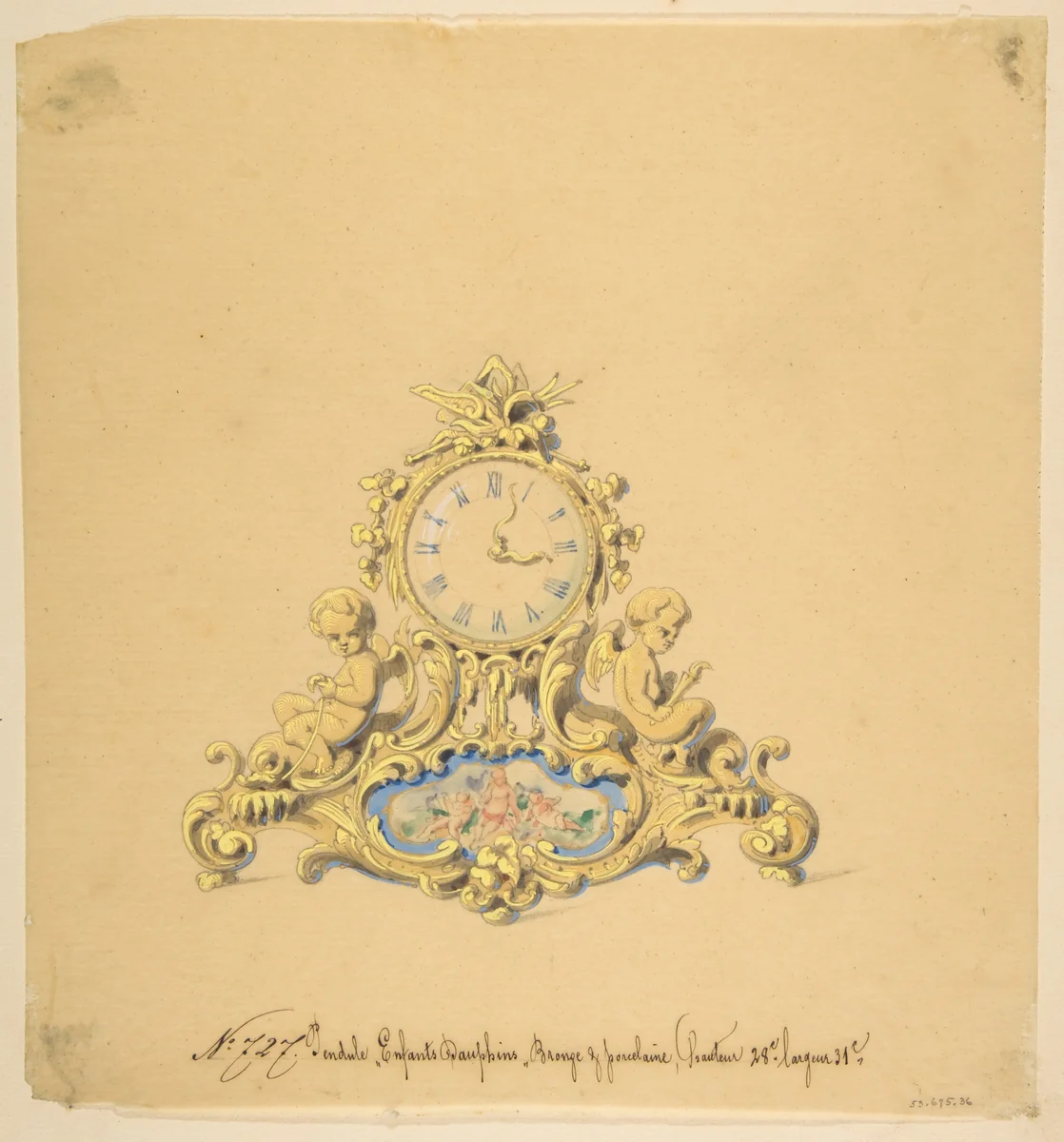 Design for a Clock with Two Cherubs by anonymous, drawing, 1800-1899