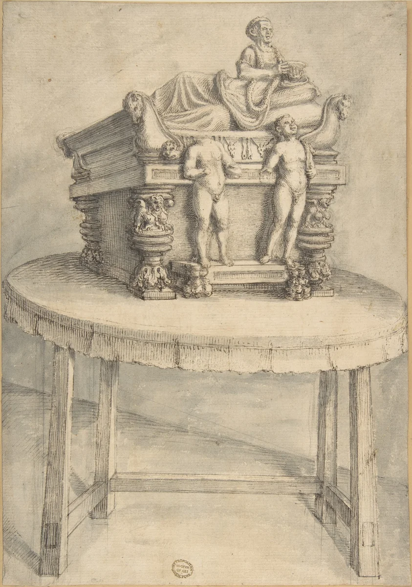 Sarcophagus on a table by anonymous, drawing, 1700-1800