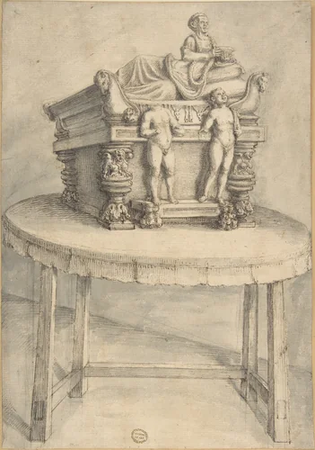 Sarcophagus on a table by anonymous, drawing, 1700-1800