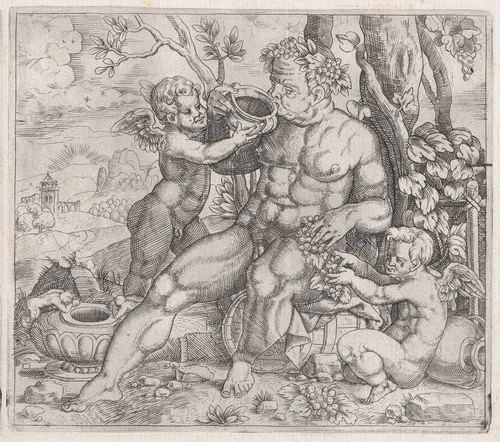 Bacchus, Seated, Drinking from a Vase Presented by a Putto, from "Speculum Romanae Magnificentiae" by anonymous, print, 1530-1560