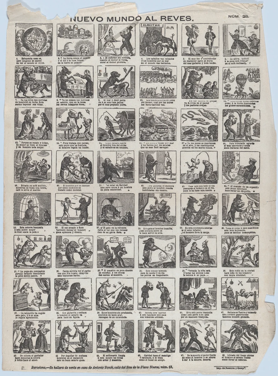 Broadside with 48 scenes relating to the world upside down by José Noguera, print, 1855-1865