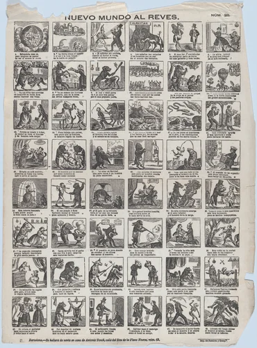 Broadside with 48 scenes relating to the world upside down by José Noguera, print, 1855-1865